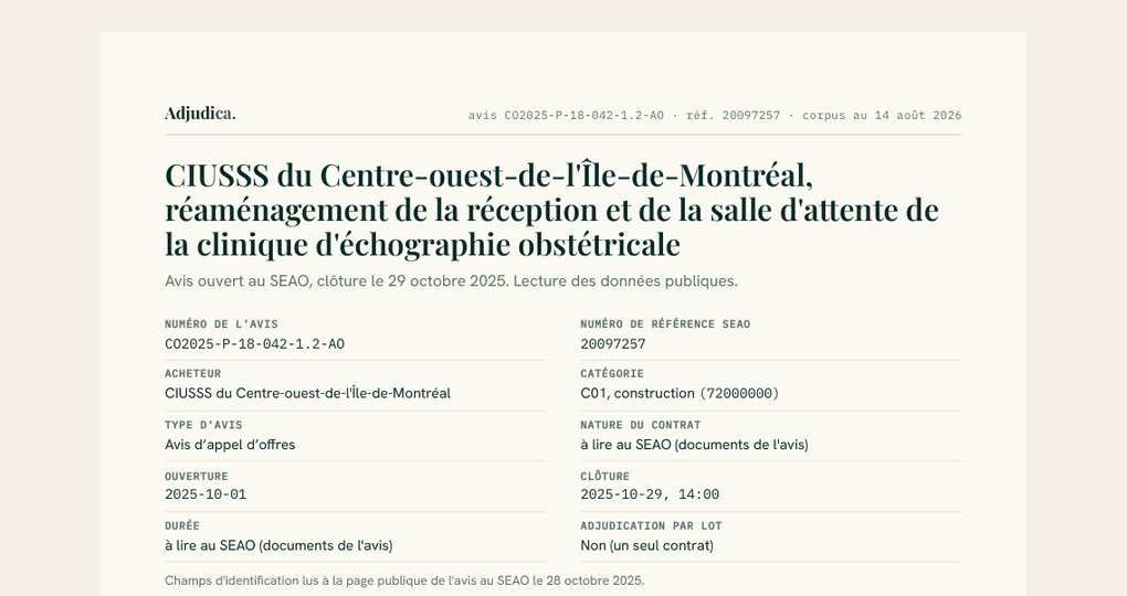 Première page d'une analyse d'appel d'offres Adjudica