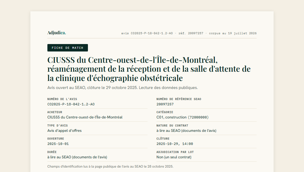 Première page de la fiche : en-tête de l'avis, acheteur, catégorie, dates d'ouverture et de clôture.